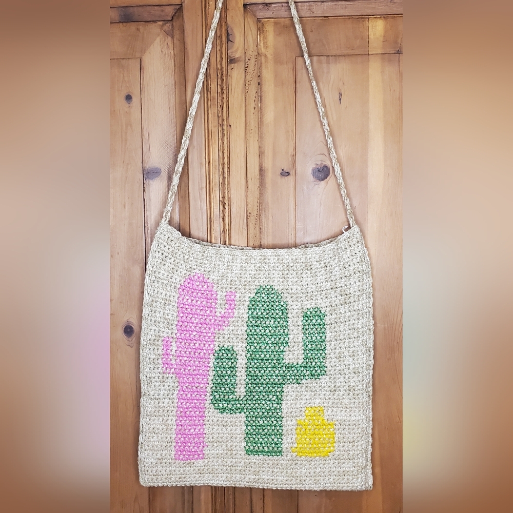Woven Shoulder Bag with Cactus Design - Pink, Green, Yellow